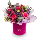 Box s růží, eustomou a waxem